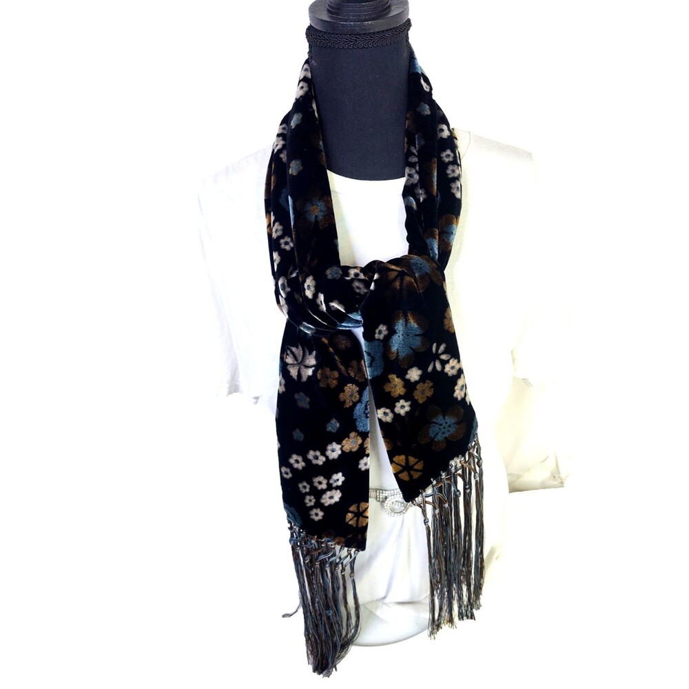 NORDSTROM Black Velvet Burnout Floral Viscose &Silk Scarf Made in Italy 69”x10”